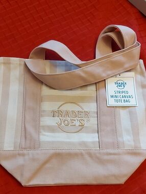 NWT Trader Joe's Mini Beige Striped Canvas Tote Bag